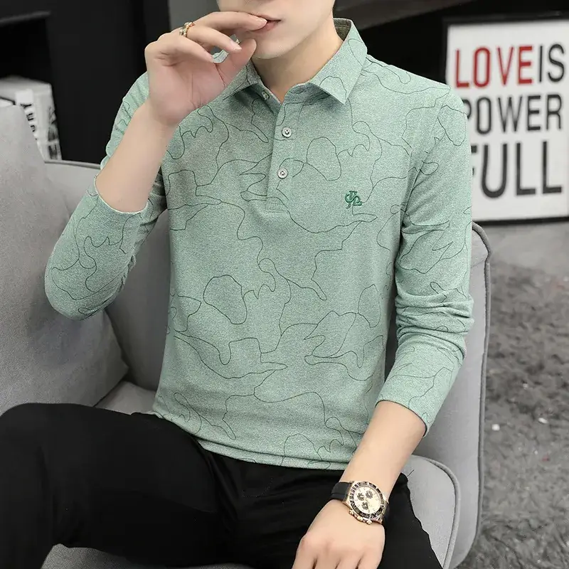 Men's Green Embroidered Long Sleeve Polo Shirt - Image 8
