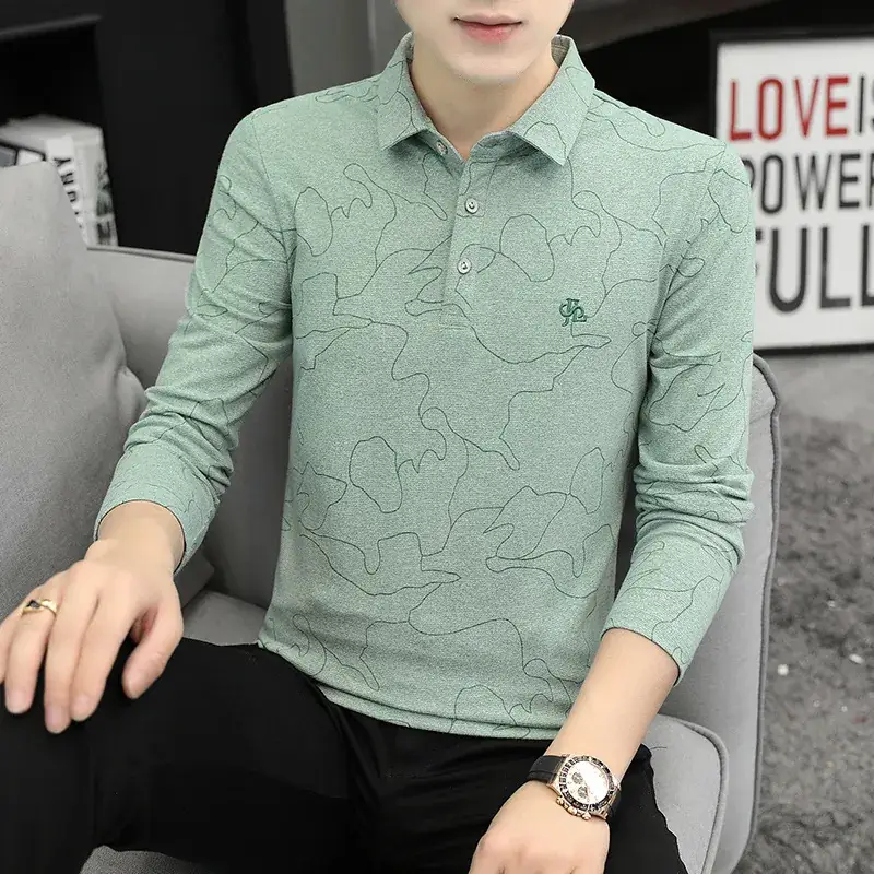 Men's Green Embroidered Long Sleeve Polo Shirt - Image 4