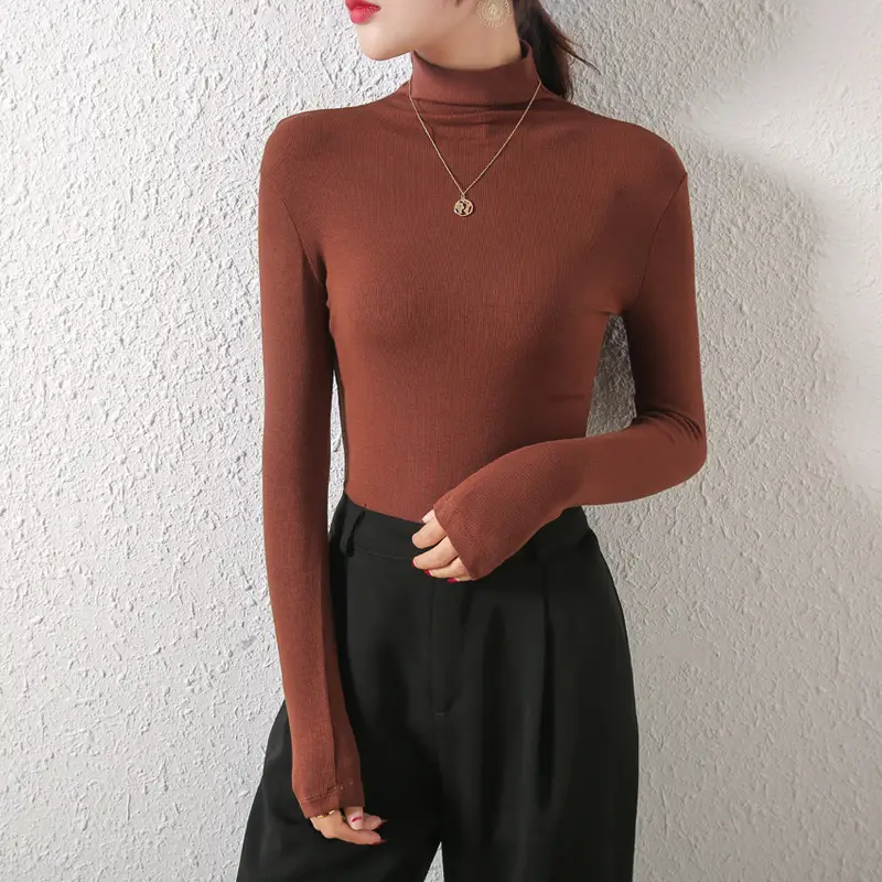 Women's New Long-Sleeved Turtleneck Shirt Brown Slim Fit - Image 6