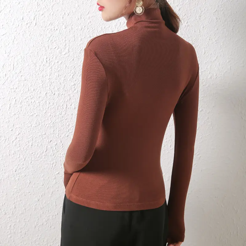 Women's New Long-Sleeved Turtleneck Shirt Brown Slim Fit - Image 8