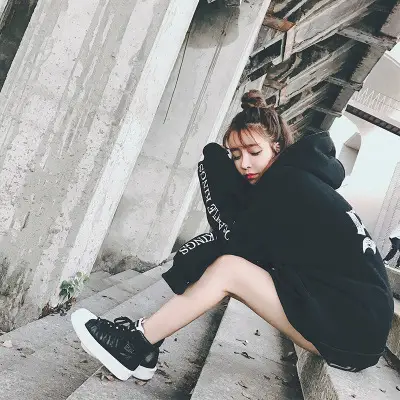 Women Korean Style Fleece Lined Hooded Sweatshirt Beige - Image 5