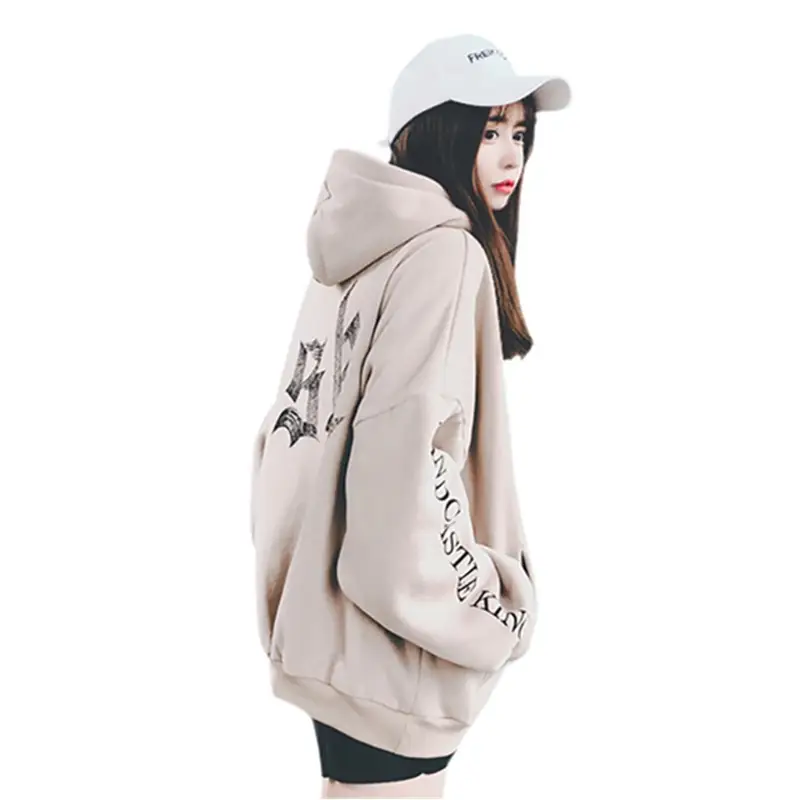 Women Korean Style Fleece Lined Hooded Sweatshirt Beige - Image 7