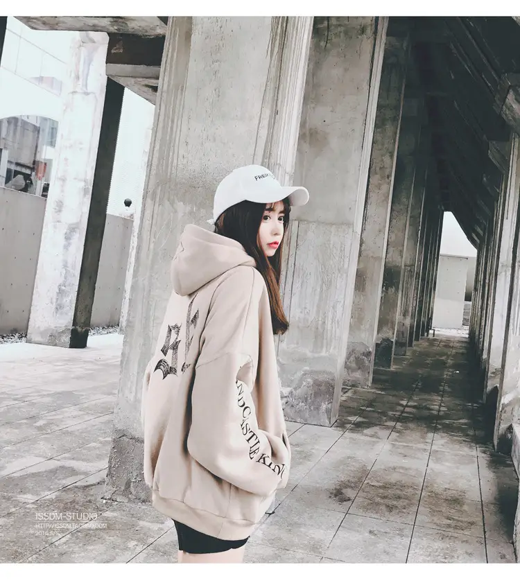 Women Korean Style Fleece Lined Hooded Sweatshirt Beige — feature 11