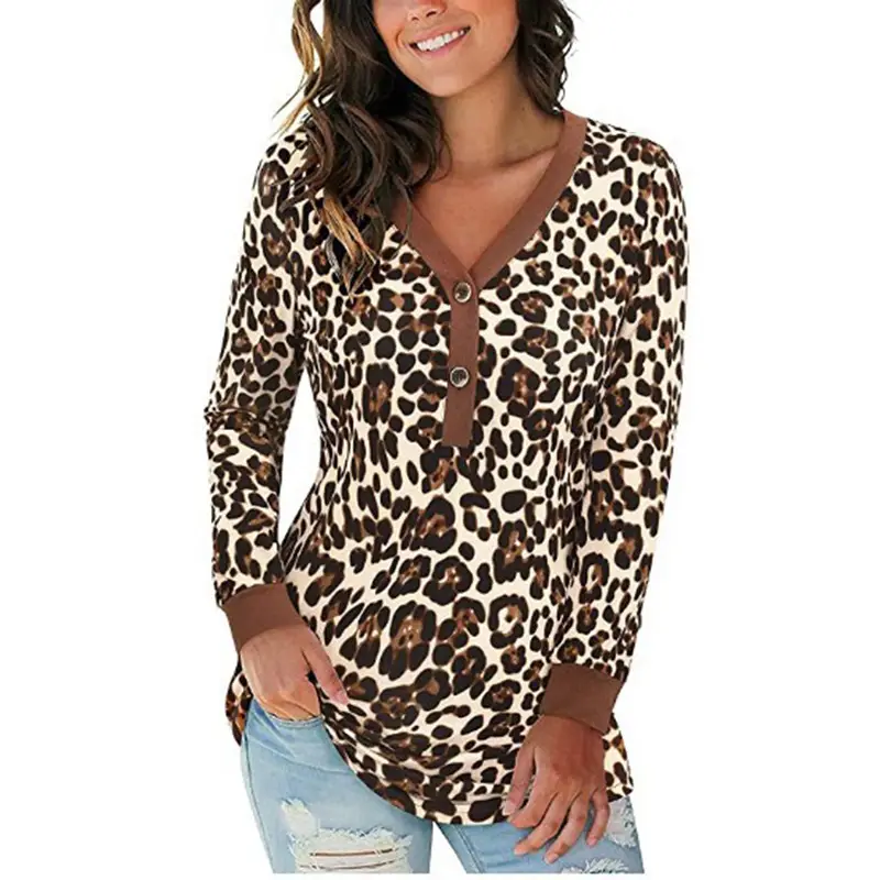 Women Leopard Print V Neck Long Sleeve T-Shirt - Image 8