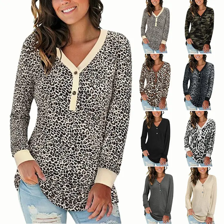 Women Leopard Print V Neck Long Sleeve T-Shirt - Image 9