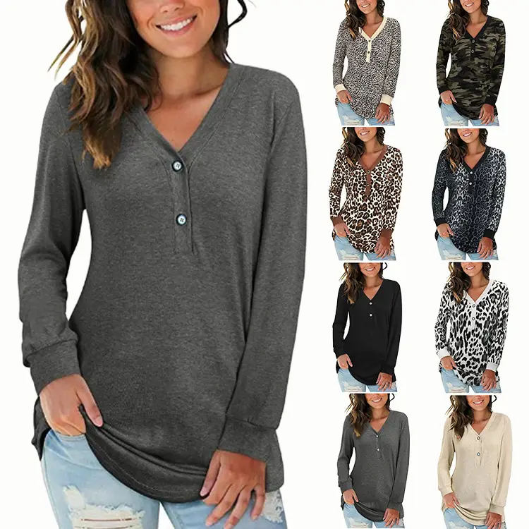 Women Leopard Print V Neck Long Sleeve T-Shirt - Image 10