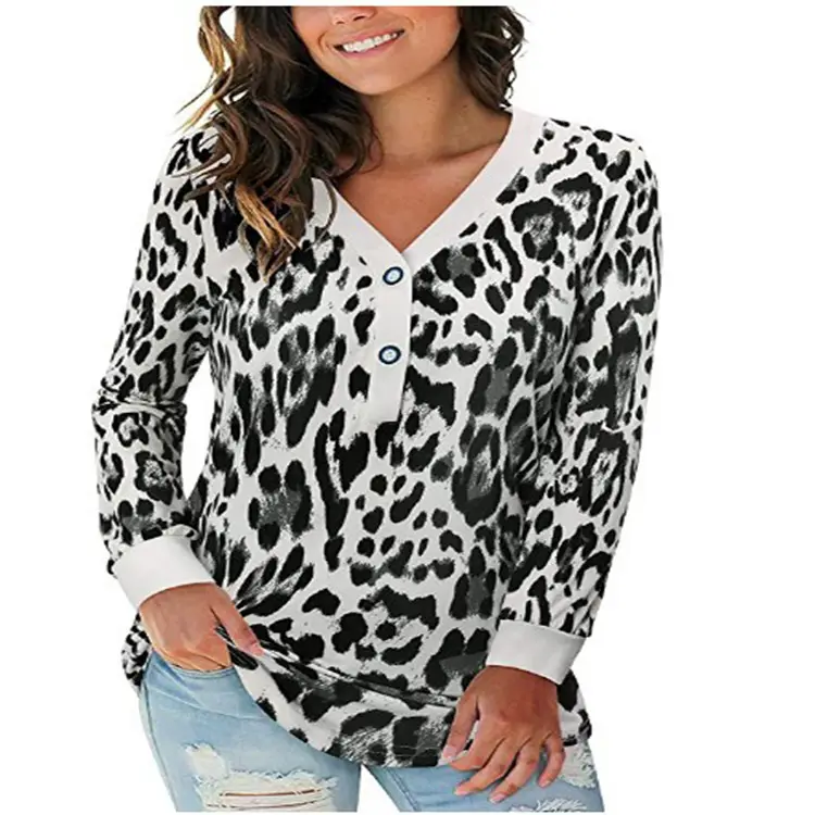 Women Leopard Print V Neck Long Sleeve T-Shirt - Image 12