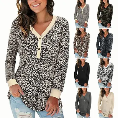 Women Leopard Print V Neck Long Sleeve T-Shirt — feature 3