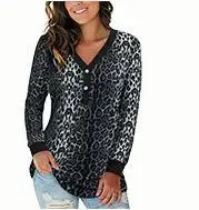 Women Leopard Print V Neck Long Sleeve T-Shirt - Image 7