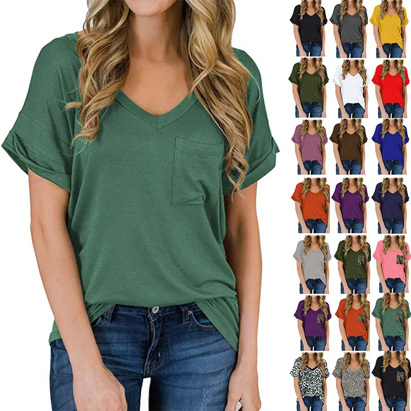 Women V-Neck Leopard Pocket T-Shirt White - Image 33