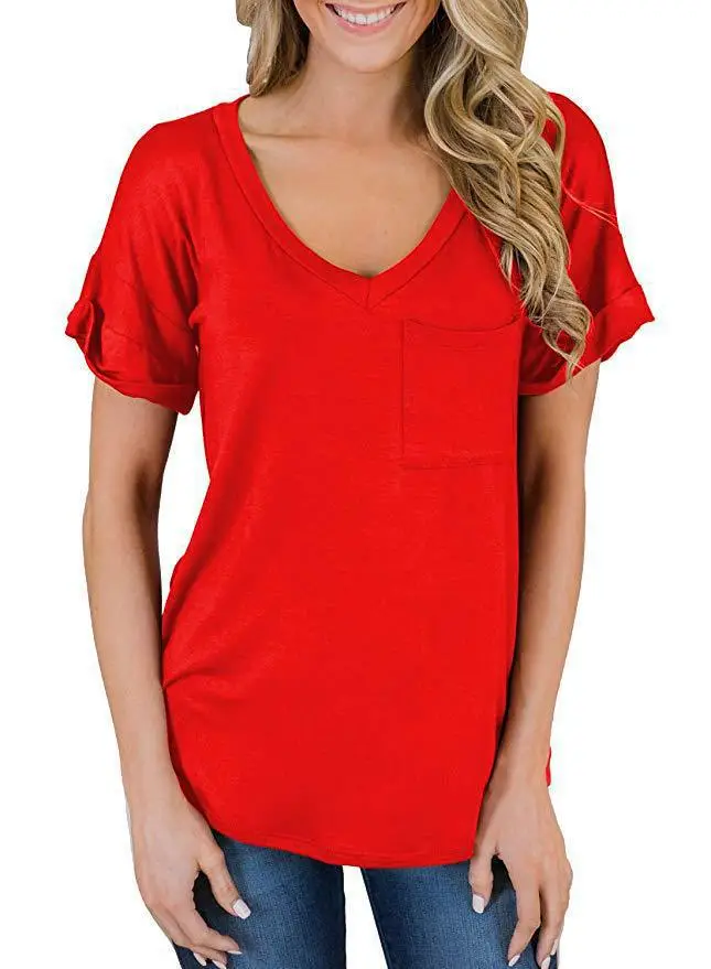 Women V-Neck Leopard Pocket T-Shirt White - Image 34
