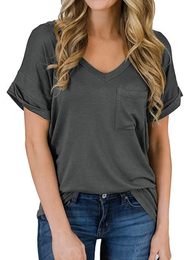 Women V-Neck Leopard Pocket T-Shirt White - Image 11
