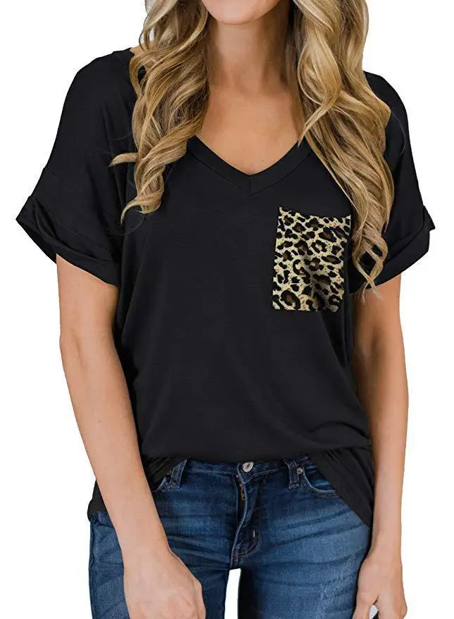 Women V-Neck Leopard Pocket T-Shirt White - Image 13