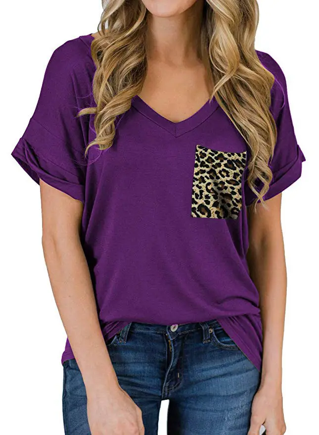 Women V-Neck Leopard Pocket T-Shirt White - Image 14