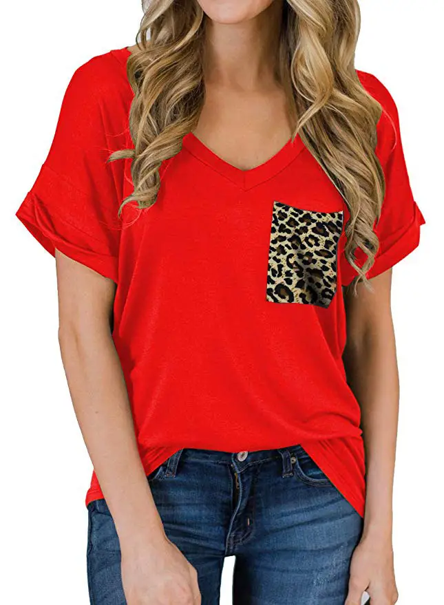 Women V-Neck Leopard Pocket T-Shirt White - Image 15