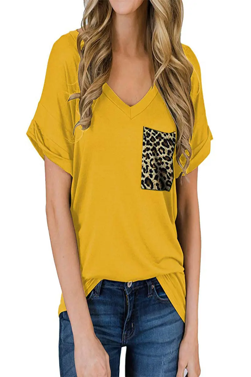Women V-Neck Leopard Pocket T-Shirt White - Image 16