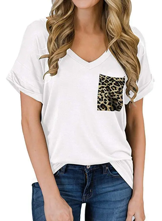 Women V-Neck Leopard Pocket T-Shirt White - Image 17
