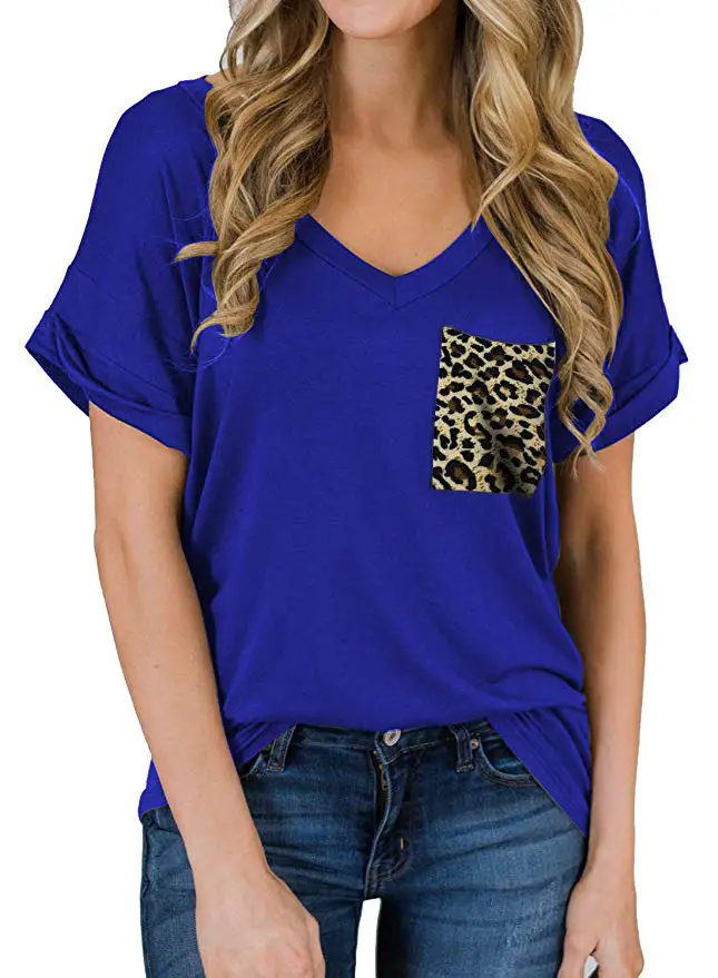 Women V-Neck Leopard Pocket T-Shirt White - Image 18
