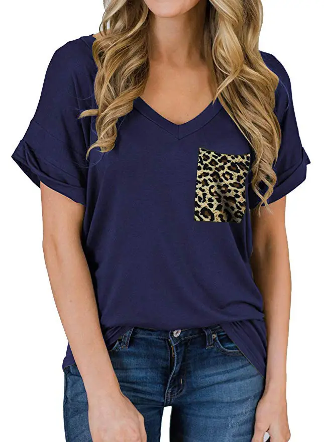Women V-Neck Leopard Pocket T-Shirt White - Image 19