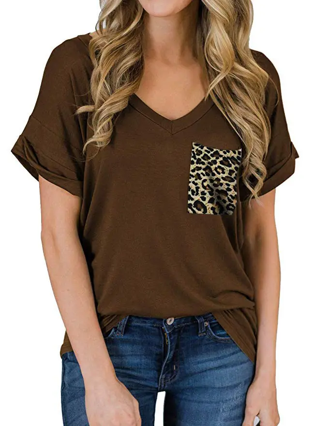 Women V-Neck Leopard Pocket T-Shirt White - Image 20