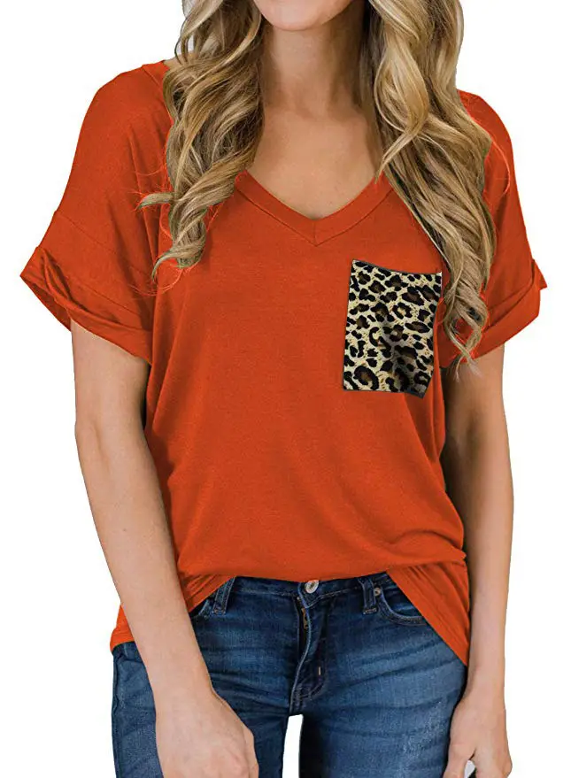 Women V-Neck Leopard Pocket T-Shirt White - Image 23