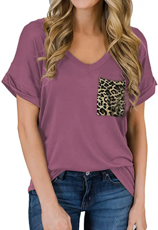 Women V-Neck Leopard Pocket T-Shirt White - Image 26