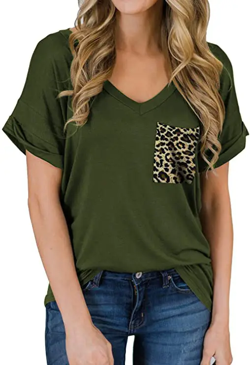 Women V-Neck Leopard Pocket T-Shirt White - Image 27