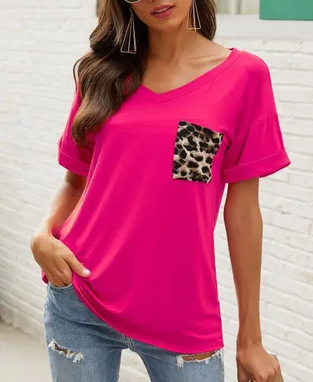 Women V-Neck Leopard Pocket T-Shirt White - Image 28