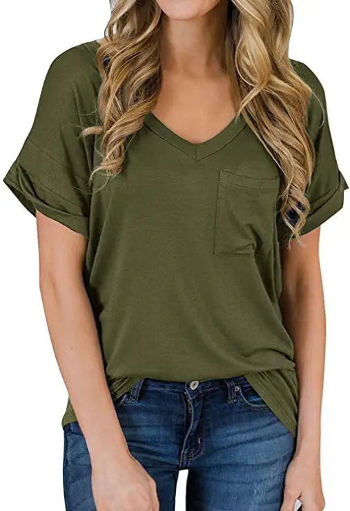Women V-Neck Leopard Pocket T-Shirt White - Image 29