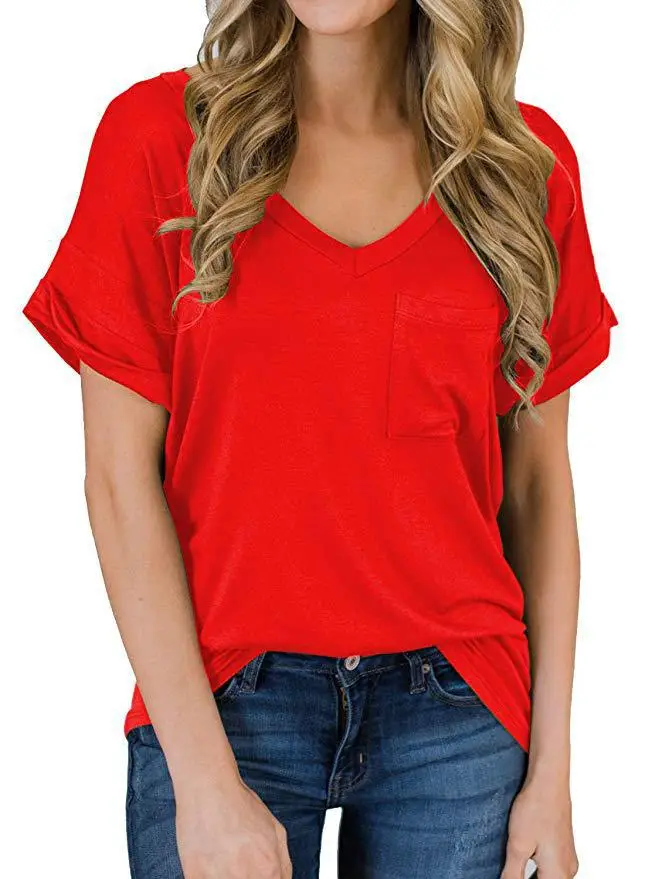 Women V-Neck Leopard Pocket T-Shirt White - Image 3
