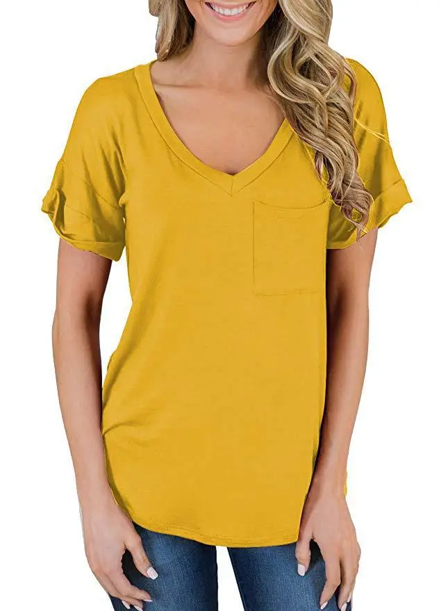 Women V-Neck Leopard Pocket T-Shirt White - Image 4