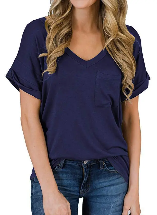 Women V-Neck Leopard Pocket T-Shirt White - Image 7