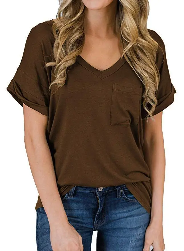Women V-Neck Leopard Pocket T-Shirt White - Image 8