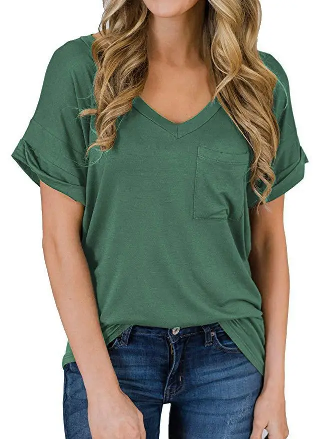 Women V-Neck Leopard Pocket T-Shirt White - Image 9
