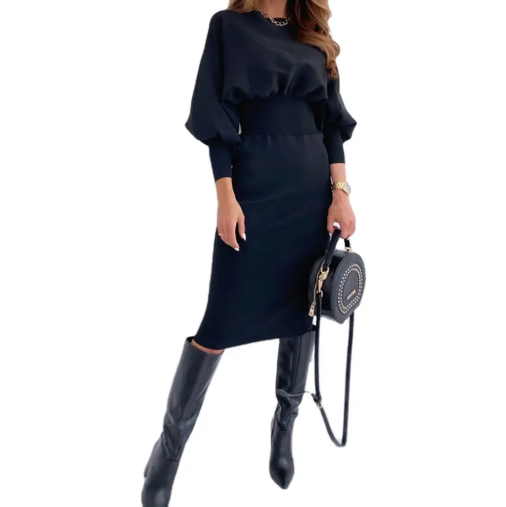 Women's Knit Hip Dress Round Neck Waist Casual Set