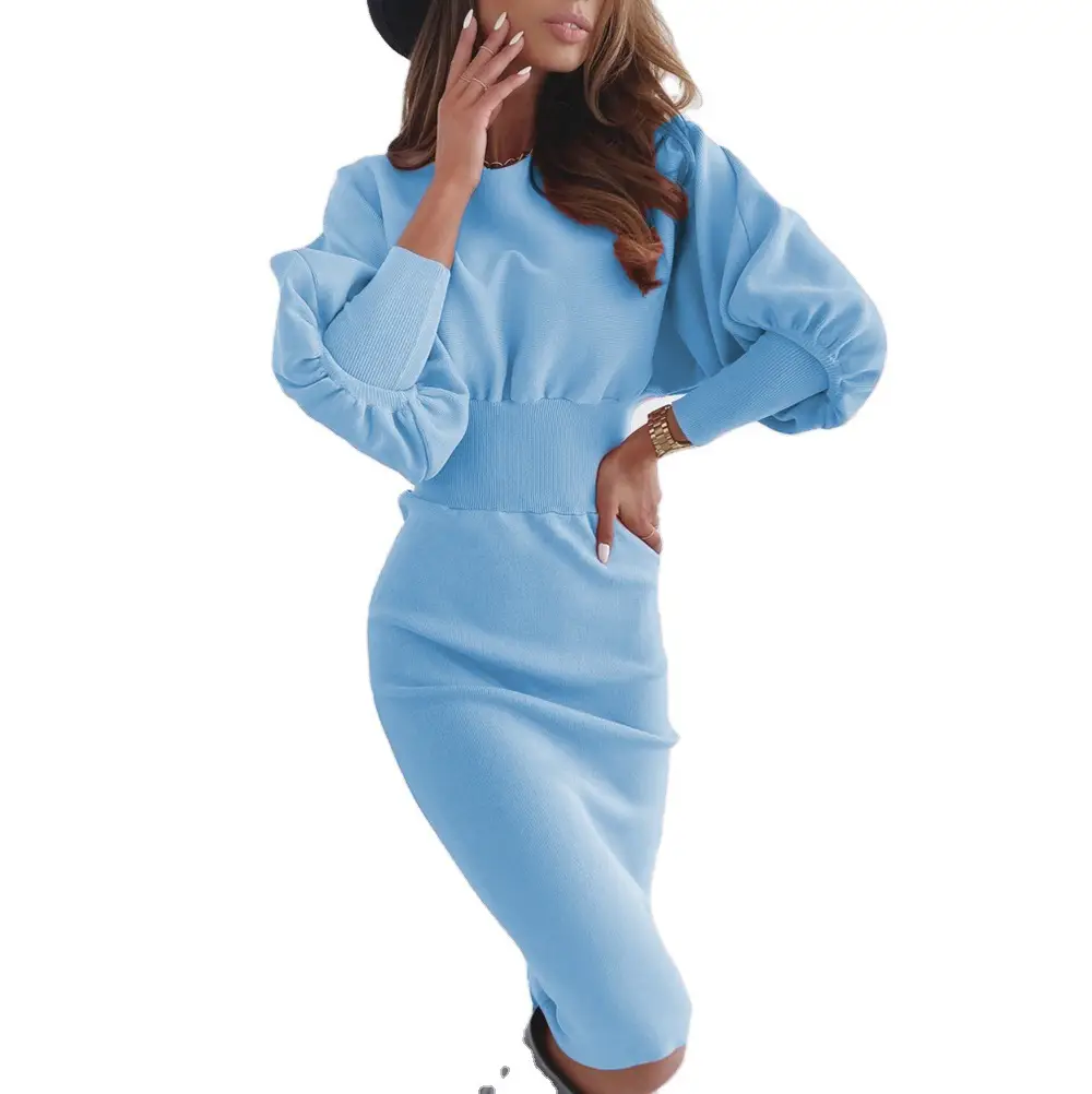 Women's Knit Hip Dress Round Neck Waist Casual Set