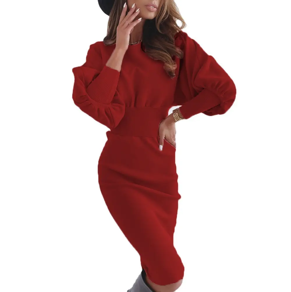 Women's Knit Hip Dress Round Neck Waist Casual Set