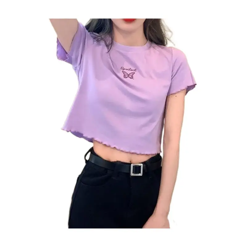 Women Purple Butterfly Short T-Shirt High Waist Slim Fit - Image 25