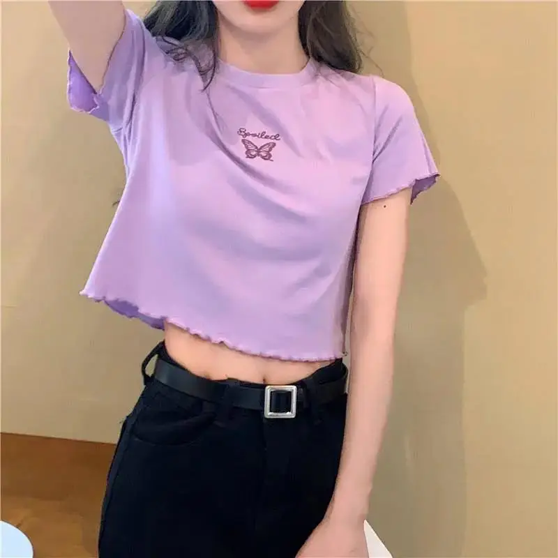 Women Purple Butterfly Short T-Shirt High Waist Slim Fit — feature 12