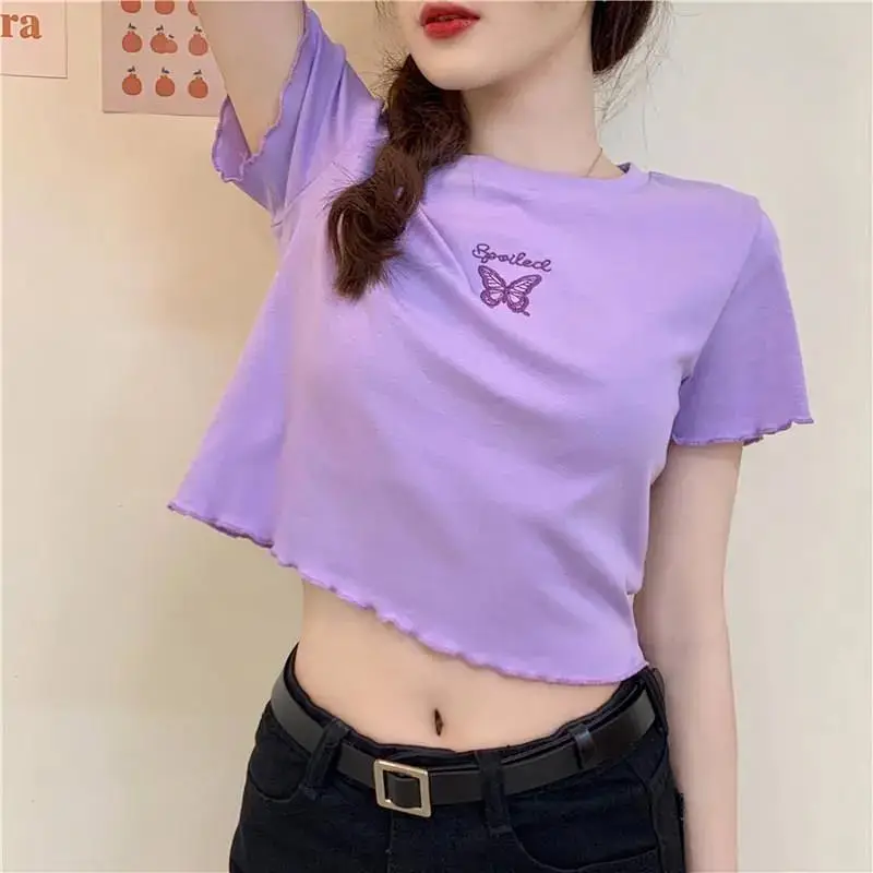 Women Purple Butterfly Short T-Shirt High Waist Slim Fit — feature 13