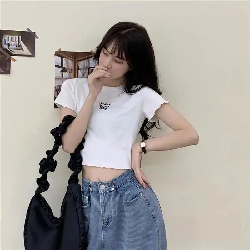 Women Purple Butterfly Short T-Shirt High Waist Slim Fit — feature 2