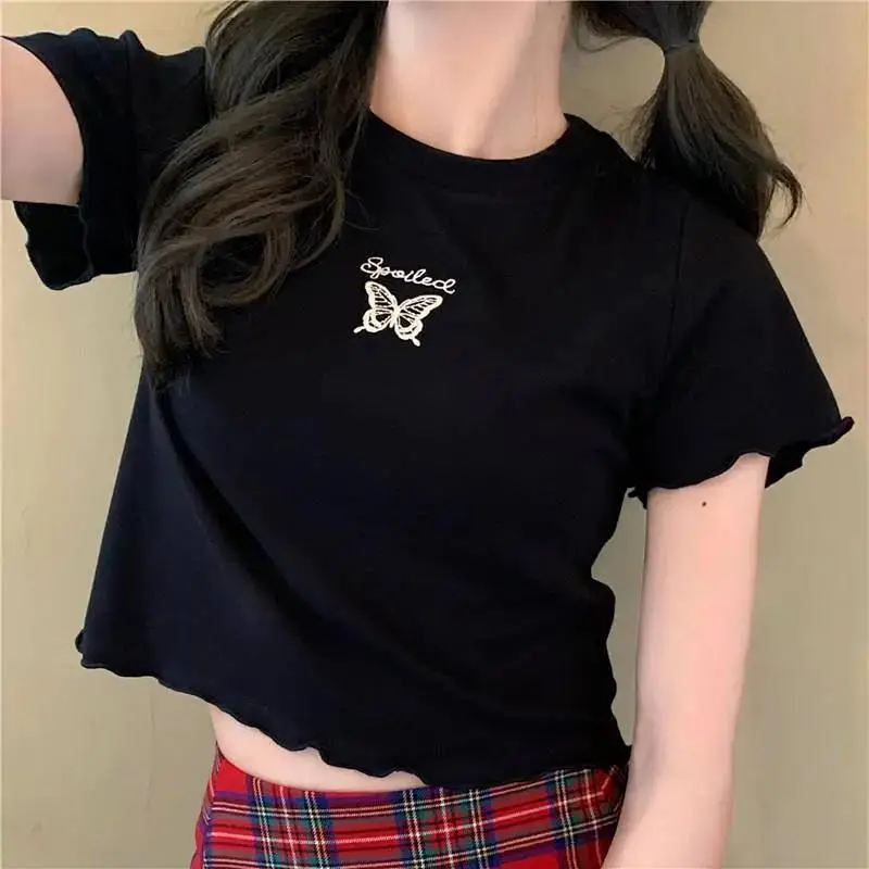 Women Purple Butterfly Short T-Shirt High Waist Slim Fit — feature 20