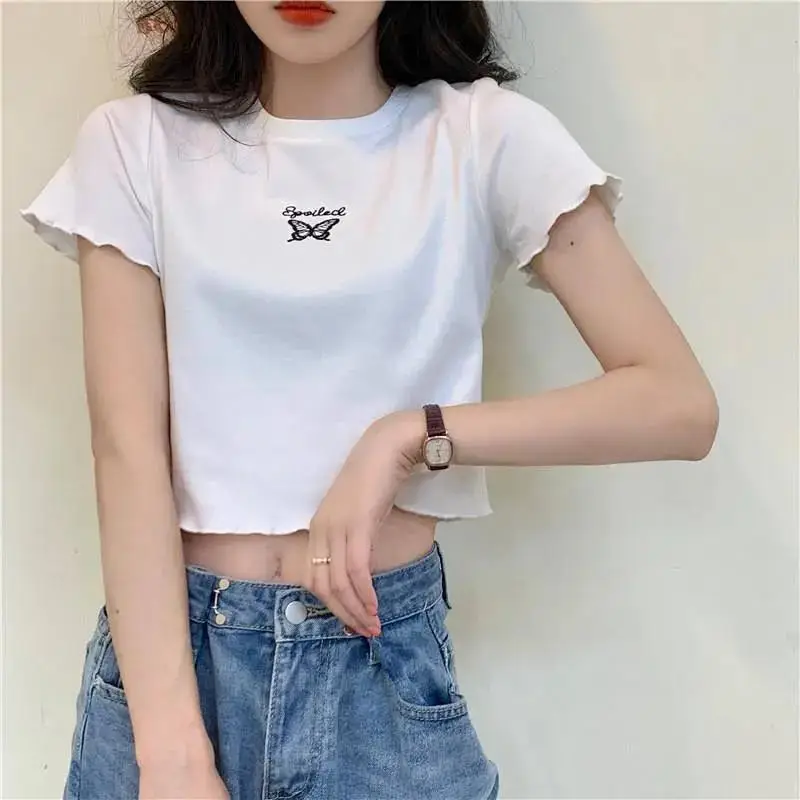Women Purple Butterfly Short T-Shirt High Waist Slim Fit — feature 4