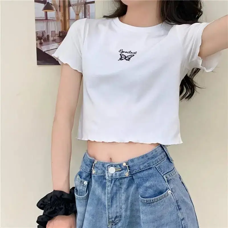 Women Purple Butterfly Short T-Shirt High Waist Slim Fit — feature 6