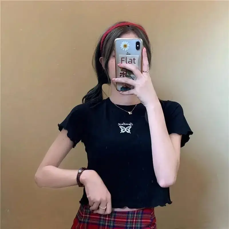 Women Purple Butterfly Short T-Shirt High Waist Slim Fit - Image 3