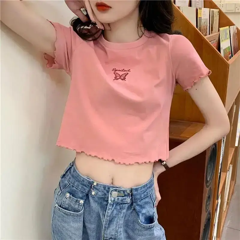 Women Purple Butterfly Short T-Shirt High Waist Slim Fit - Image 7
