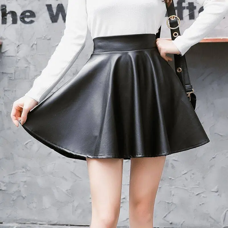 Black PU Leather Pleated Skirt for Women High Waist - Image 3