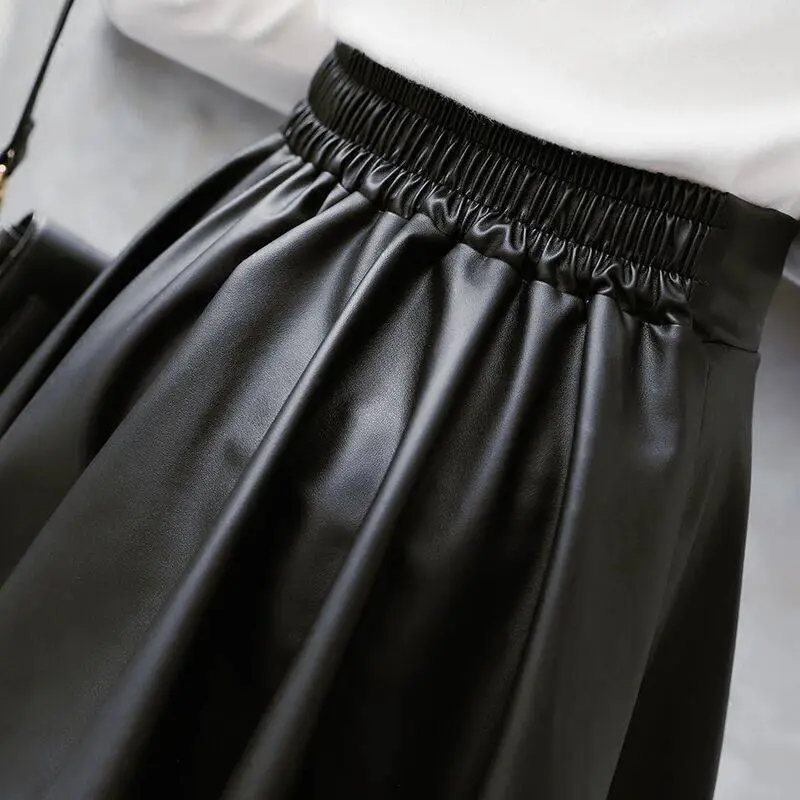Black PU Leather Pleated Skirt for Women High Waist - Image 4