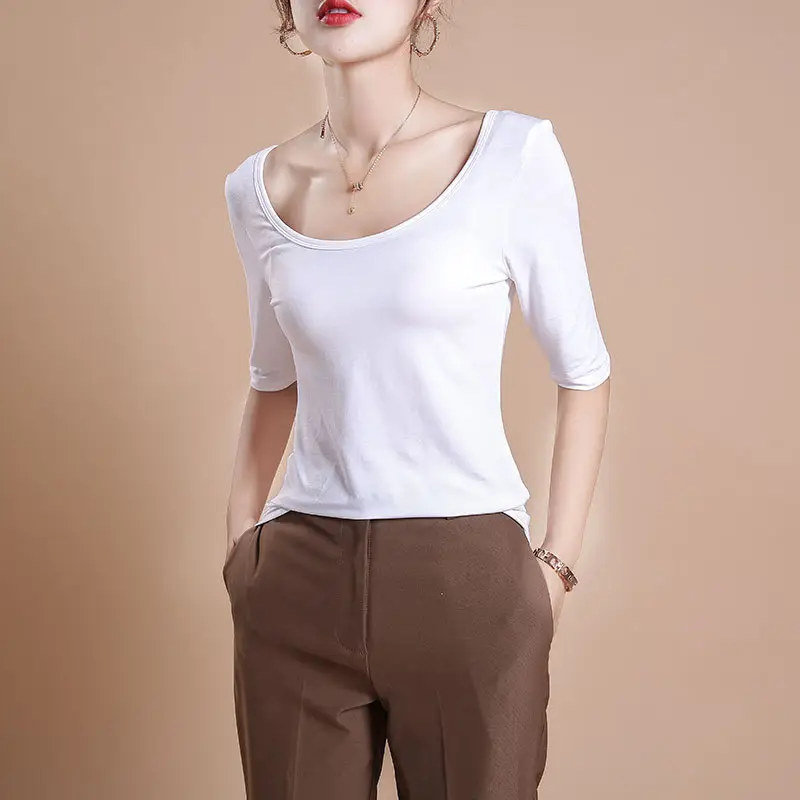 Women's White Double U-Collar T-Shirt Long Sleeve Base