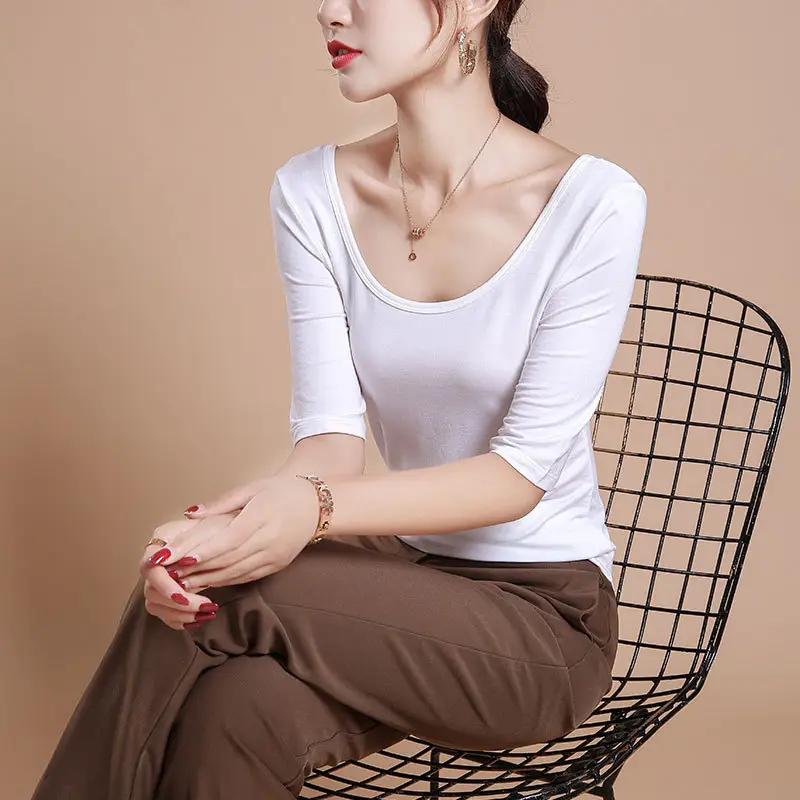 Women's White Double U-Collar T-Shirt Long Sleeve Base